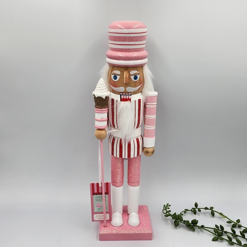 Sweet Treats Ice Cream Nutcracker King Wood Pink Red Glitter Valentine Decor 14"
